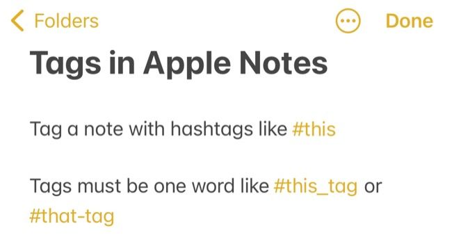 Теги Apple Notes на экране — список тегов и подсвеченные хештеги