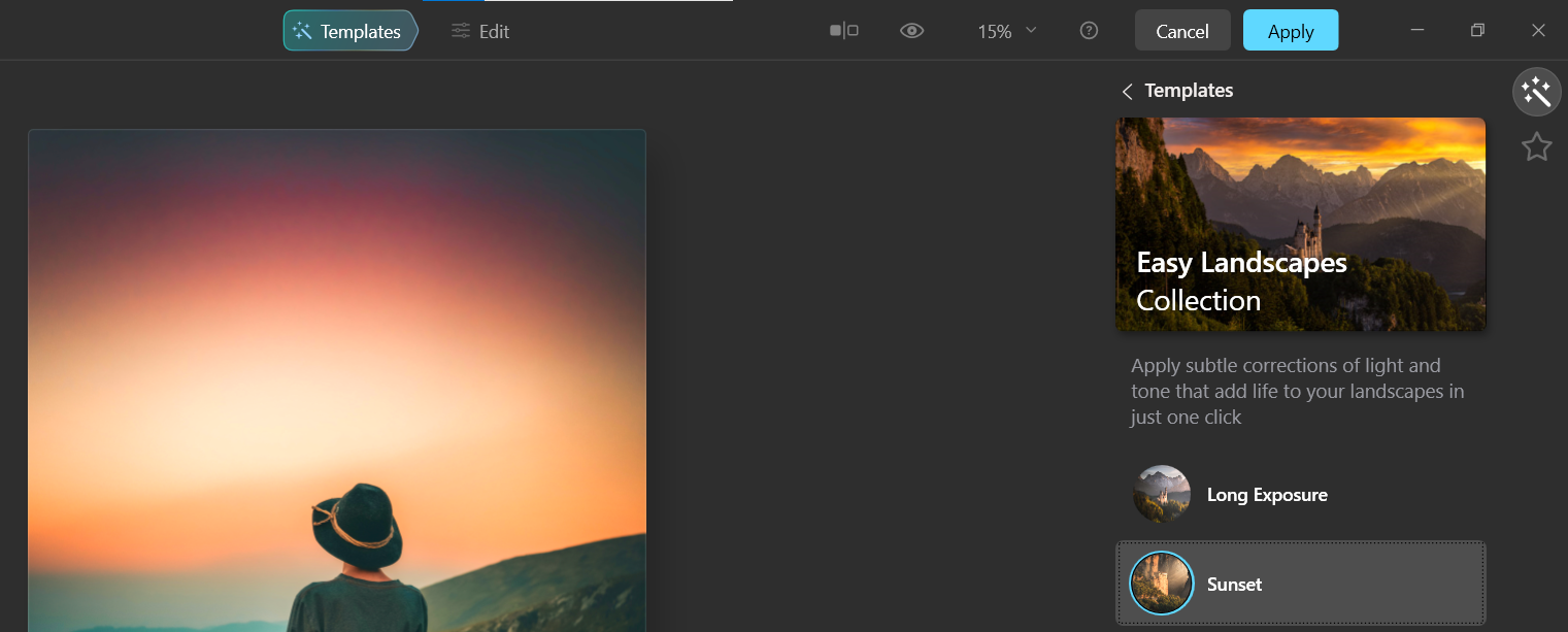 Выбор шаблона Sunset — скриншот