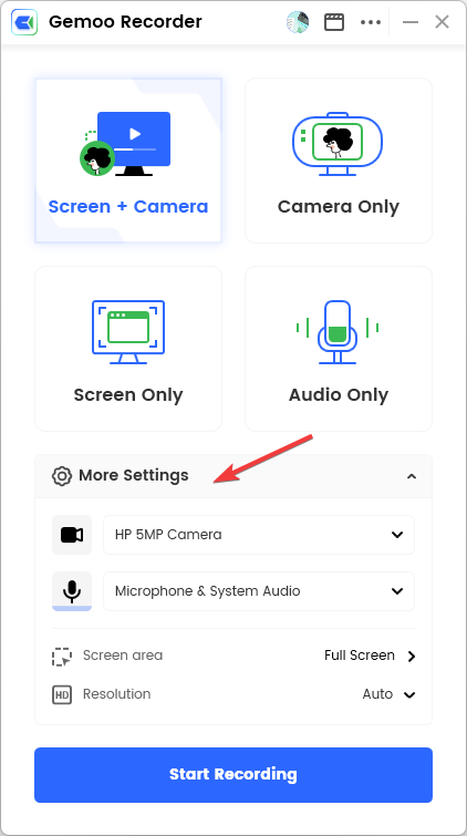 Настройки качества записи: разрешение, микрофон, камера