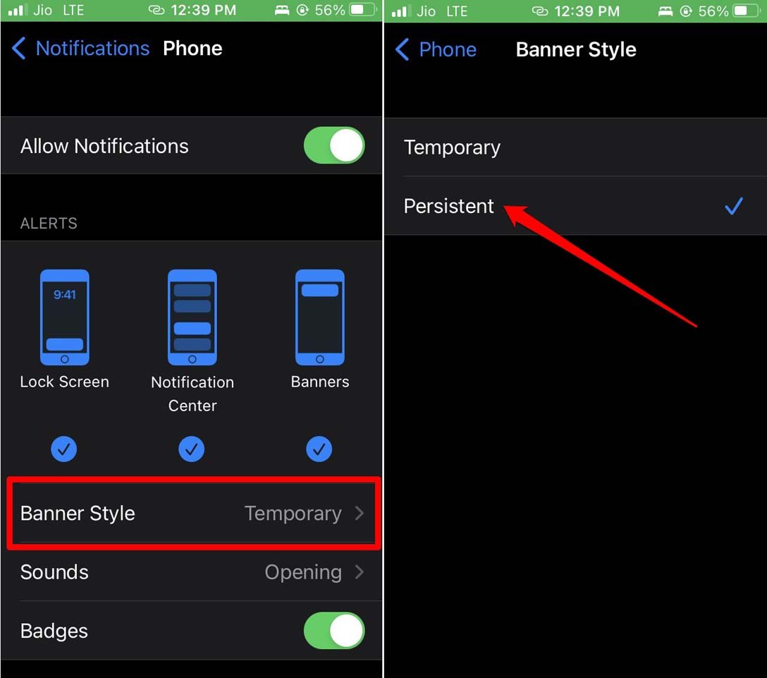Выбор параметра «Постоянные» для баннеров уведомлений