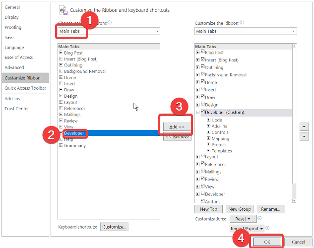 Добавление вкладки Разработчик в ленту Word
