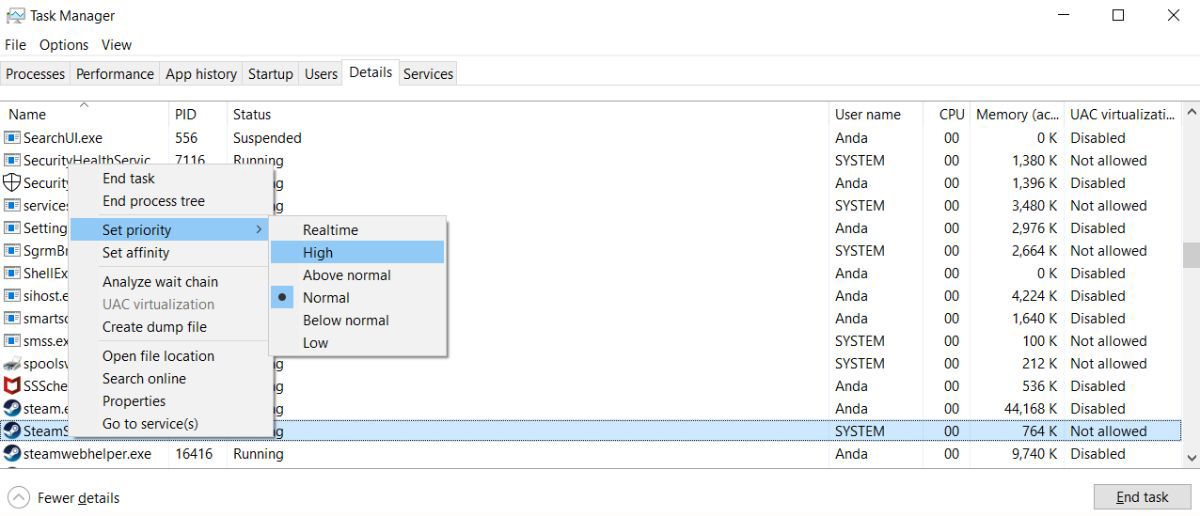 Установка высокого приоритета для Steam в Диспетчере задач