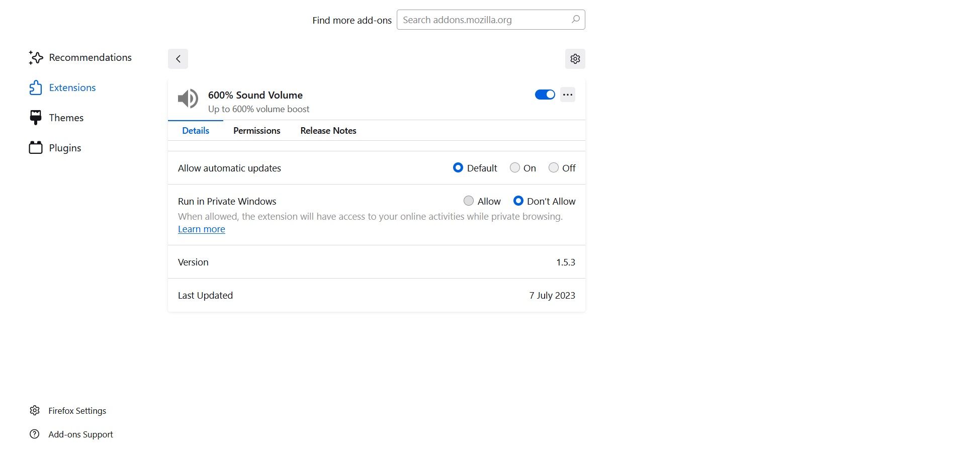 Изменение настроек надстройки в Firefox