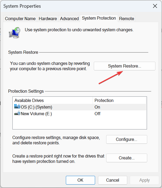 Окно «Восстановление системы»