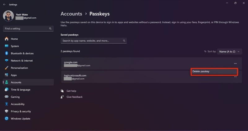 Удаление ключа доступа из менеджера ключей Windows 11
