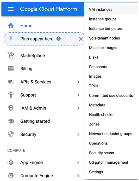 Меню Compute Engine и список VM-инстансов