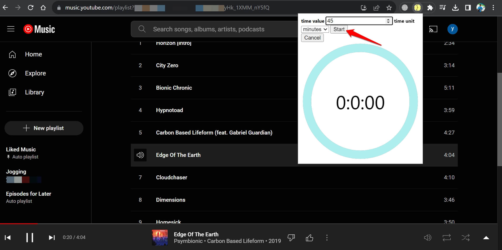 Imposta tempo per timer di sospensione YouTube Music sul web