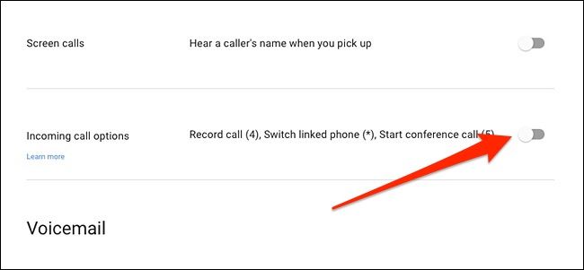 Включение опции записи входящих звонков в Google Voice