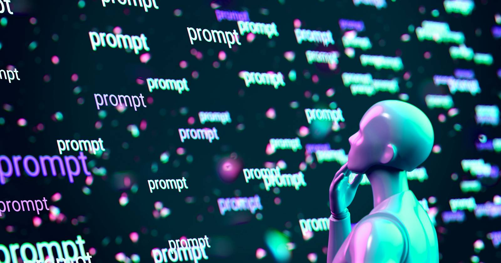 Робот рассматривает стену с примерами подсказок для генерации изображений