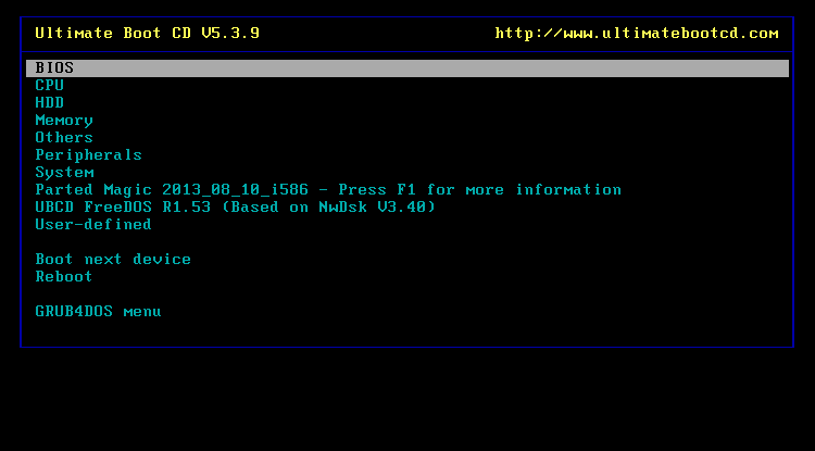 Главное меню Ultimate Boot CD версия 5