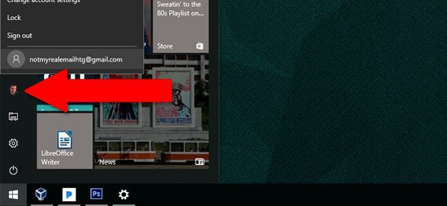 Выбор нового пользователя в меню Пуск для первого входа