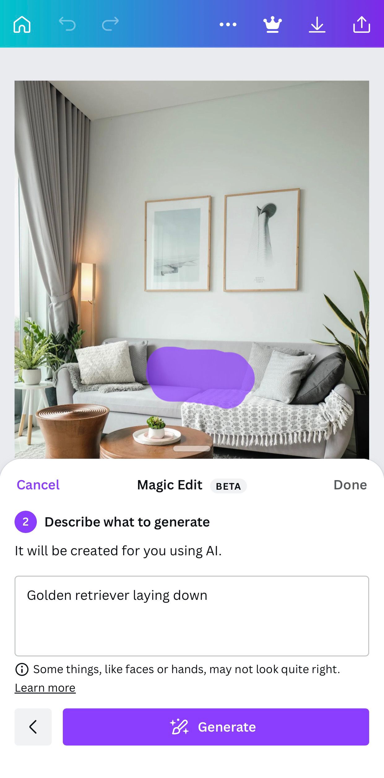 Участок на диване выделен фиолетовым для генерации