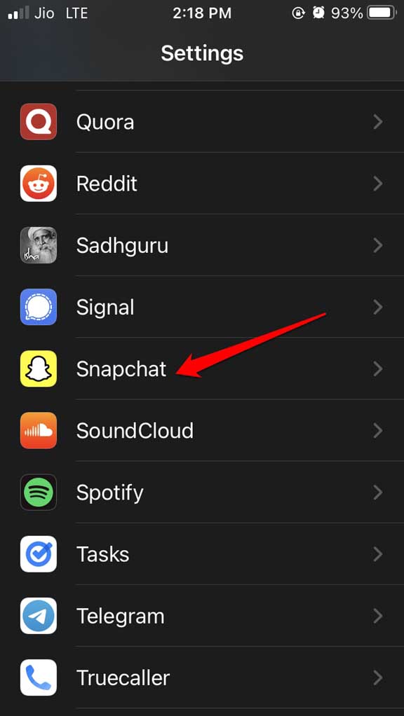 iPhoneのSnapchat設定画面