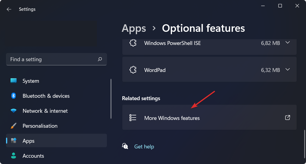 Ссылка на дополнительные компоненты Windows
