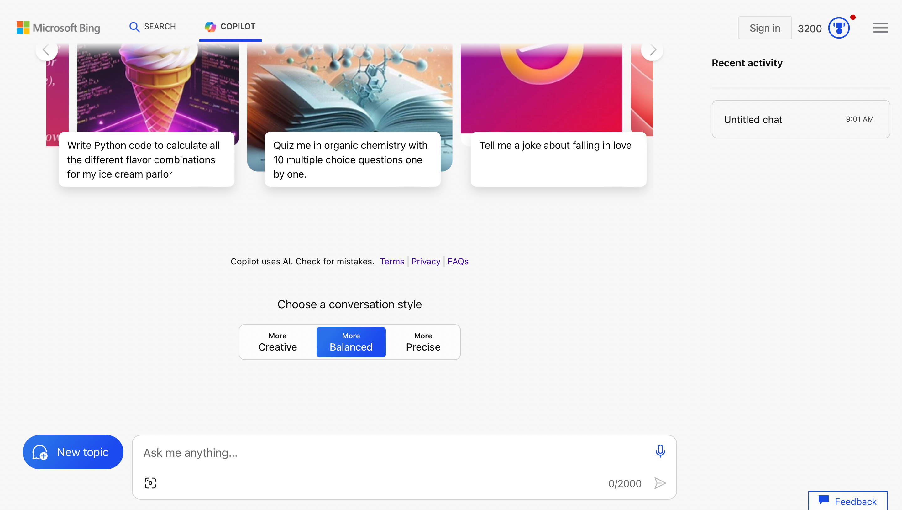 Главная страница Microsoft Bing Copilot с полем ввода для чата.