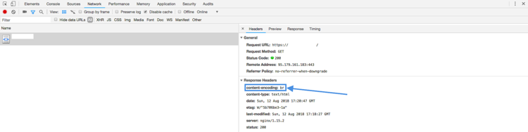 Пример заголовка ответа с Content-Encoding: br в инструментах разработчика