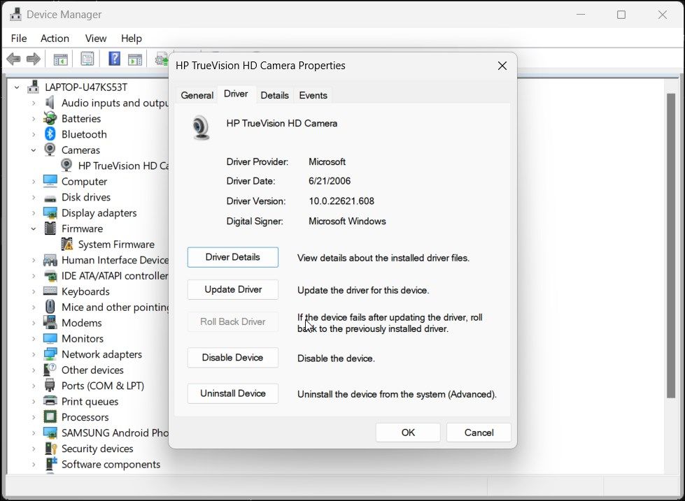 Свойства устройства камеры для отката драйвера