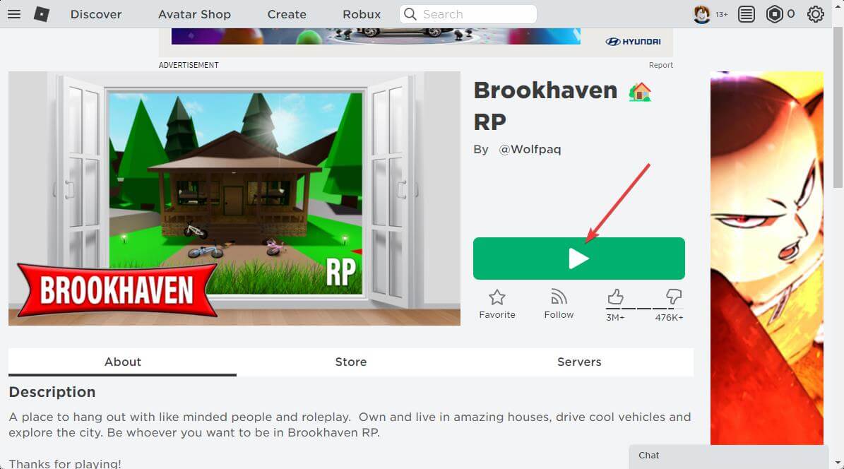 Кнопка «Играть» в игре Roblox