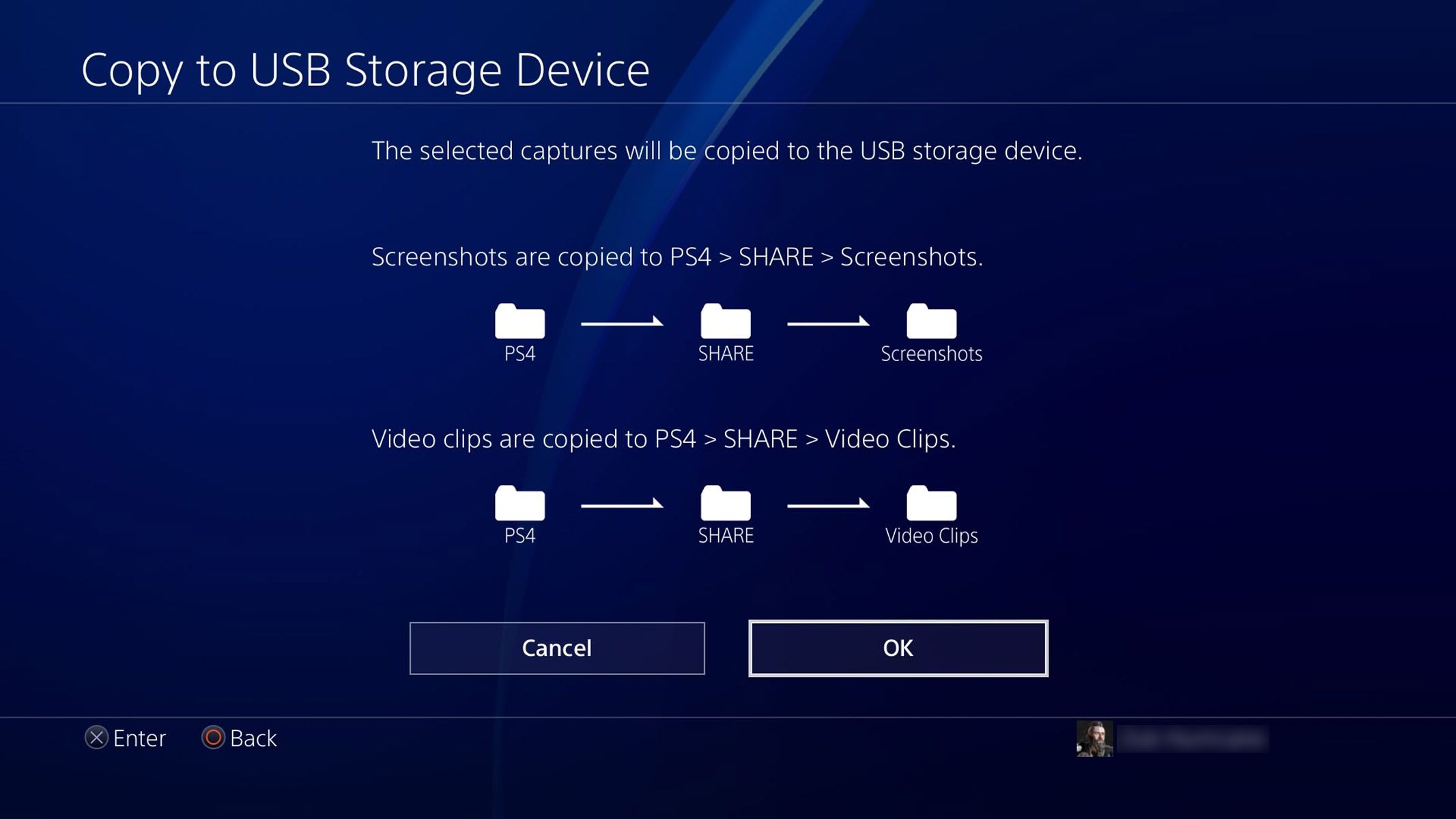 Экран выбора места сохранения на USB PS4