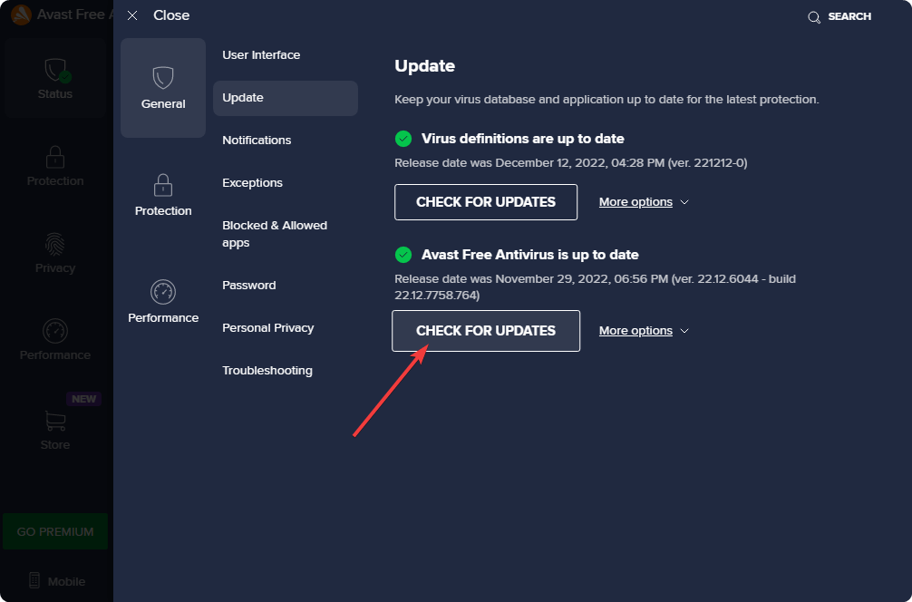 Кнопка проверки обновлений Avast