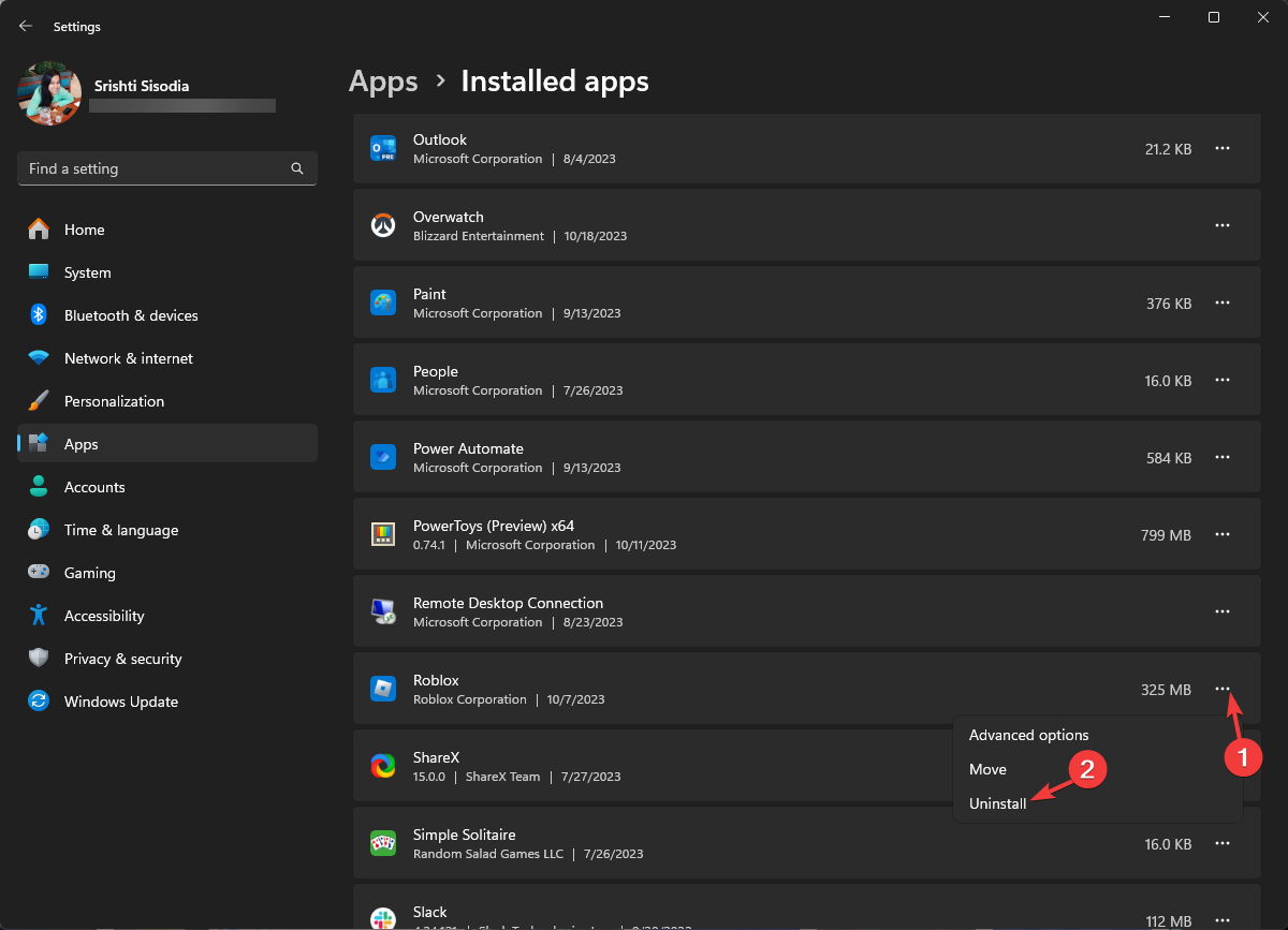 Скриншот: удаление Roblox