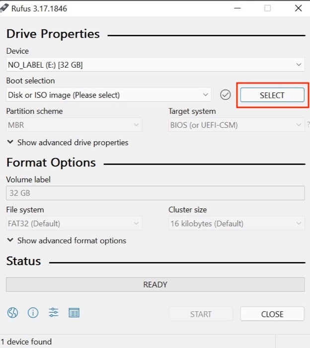 выбор .bin в Rufus