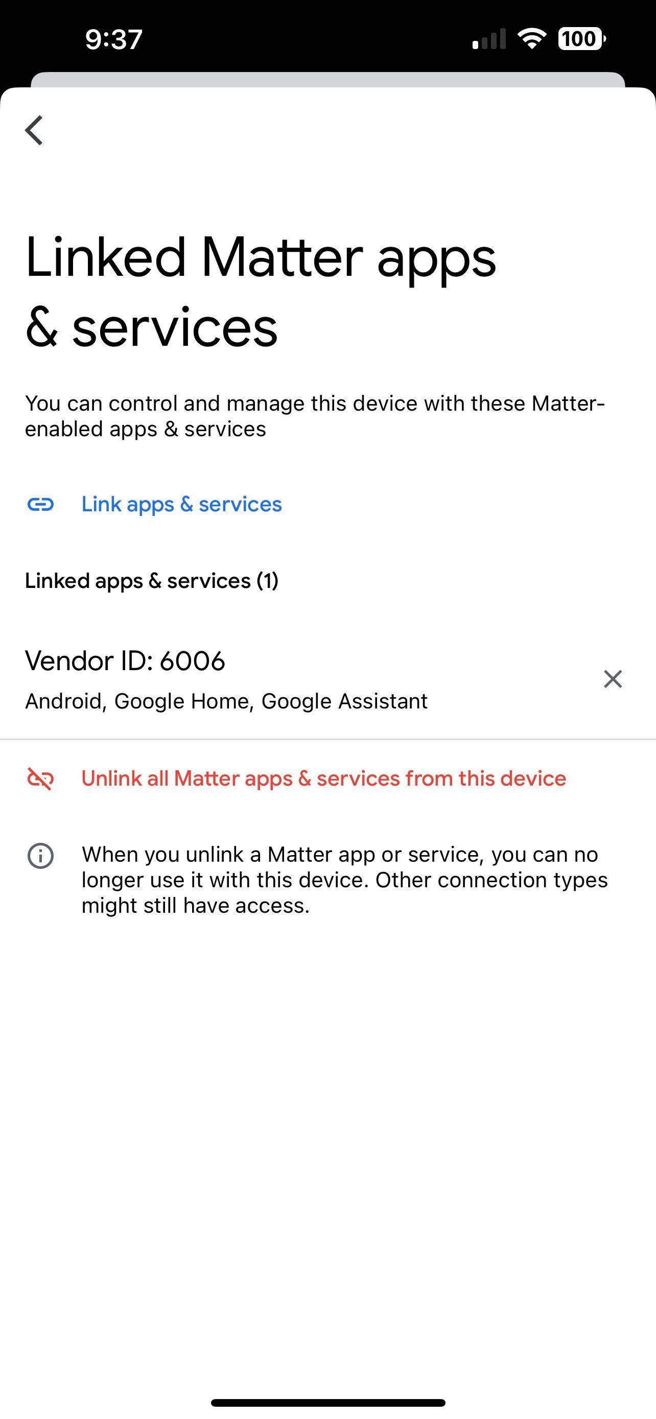 Экран служб Matter в приложении Google Home для iOS