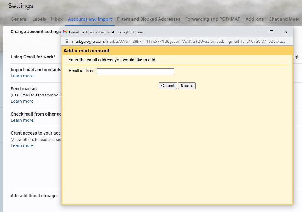 Окно добавления почтового аккаунта в Gmail
