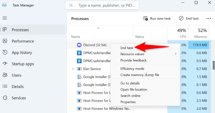 Завершение задачи в Диспетчере задач.