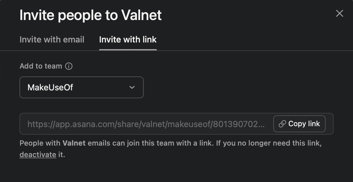 Ссылка приглашения для новых участников в веб‑интерфейсе Asana