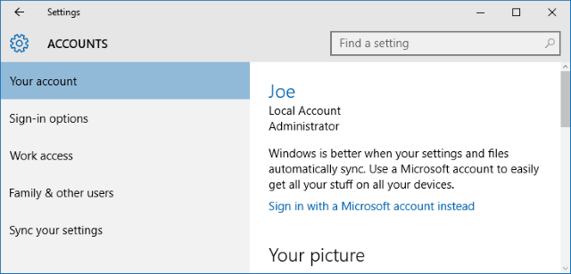 Параметры учётной записи: переключение на локальную учётную запись