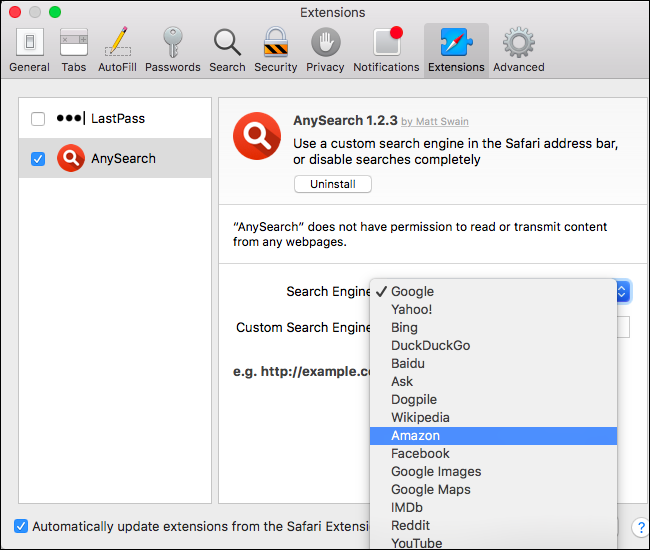 Параметры расширения AnySearch в Safari