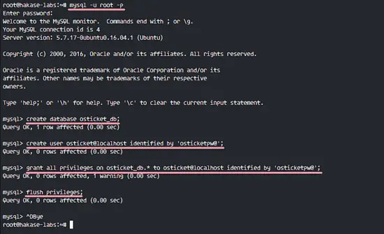 Creazione del database e dell'utente MySQL per osTicket