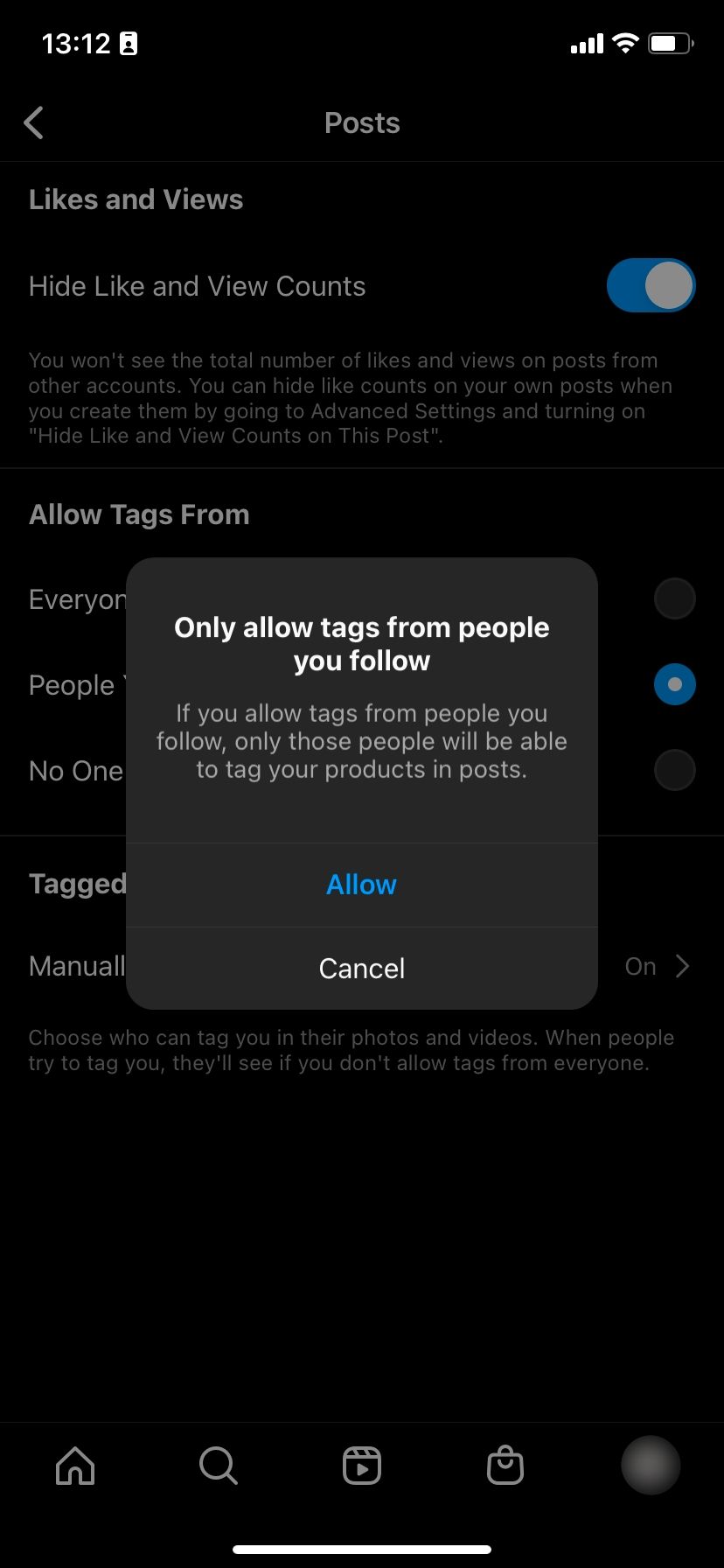 Разрешать тегать только людей, на которых вы подписаны