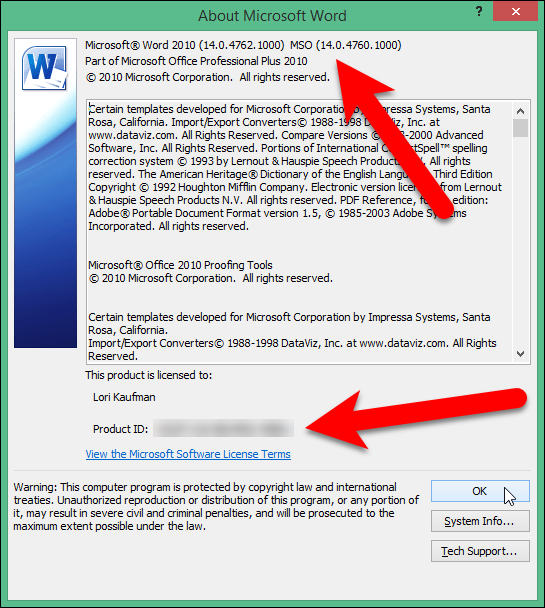 Диалог О программе Microsoft Word (Office 2010) с дополнительной информацией