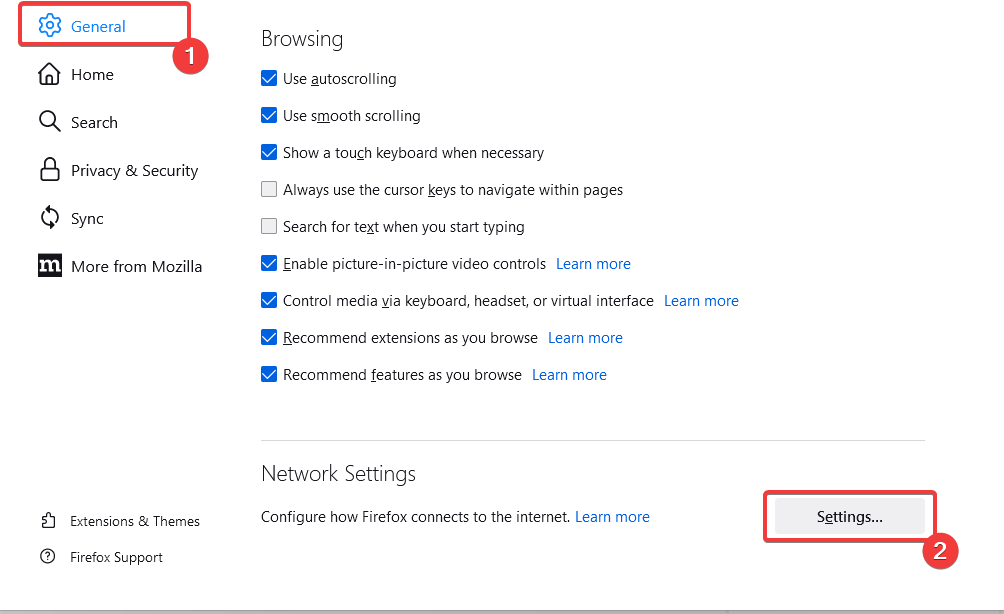 Раздел Сетевые настройки в настройках Firefox