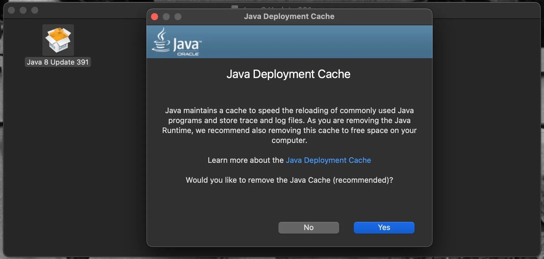 Окно удаления Java Deployment Cache