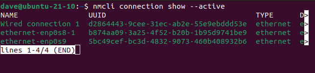 Вывод nmcli connection show --active в терминальном окне