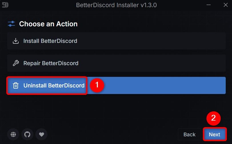 Выделены опции Uninstall BetterDiscord и Next в установщике BetterDiscord.