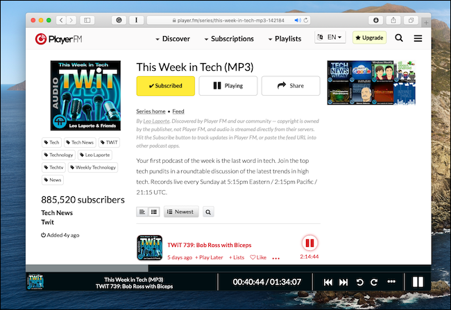 Веб-плеер Player FM открыт в Safari на Mac