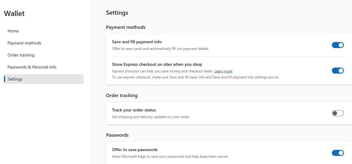 Переключатель Сохранять и заполнять платёжные данные в Edge