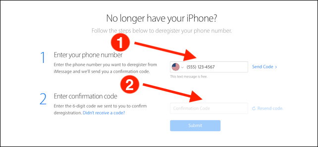 Форма для деактивации номера из iMessage на сайте Apple