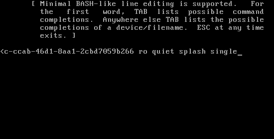 Пример редактирования строки ядра в GRUB для сброса пароля