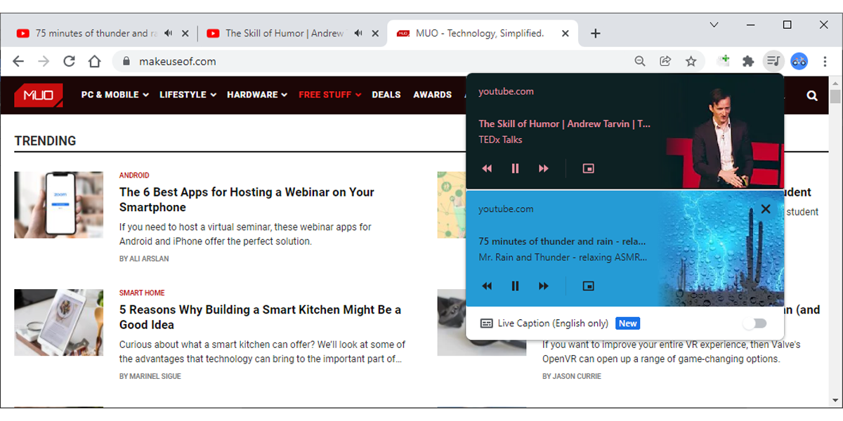 Интерфейс Media Control в Chrome, список сессий и кнопки управления