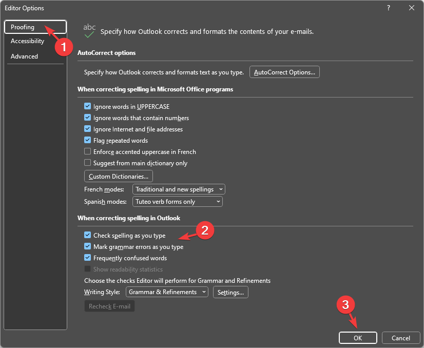 Включить «Проверять правописание по мере ввода» и «Помечать грамматические ошибки»