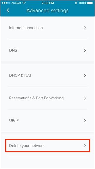 Пункт Удалить сеть в приложении Eero