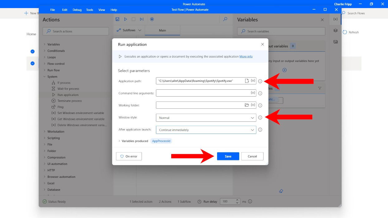 Окно настройки запуска приложения в Power Automate