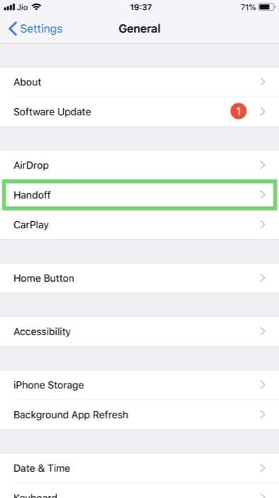 Переключатель Handoff включён в iOS
