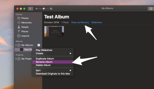 Переименование альбома в боковой панели