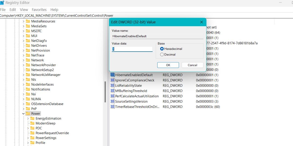 Включение гибернации через Редактор реестра